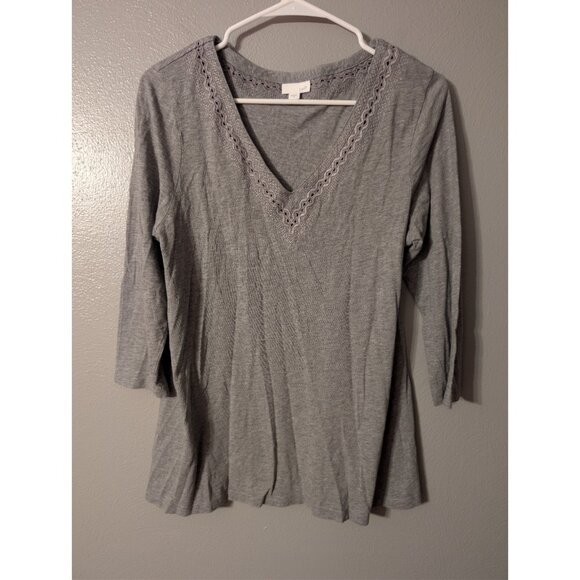 J Jill Gray Lace Trim V-Neck 3/4 Sleeve Top Size M Cotton Modal Soft Casual - Picture 2 of 5